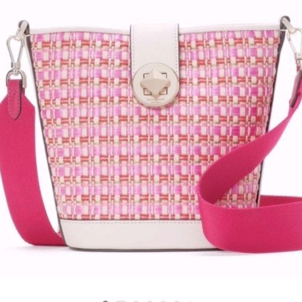 LIKE NEW KATE SPADE New York Audrey Pink Raffia Tweed Mini Bucket Crossbody
